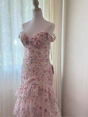 Alyce Paris 61736 Pink Floral Sequin Off-Shoulder Tiered Gown Size 8
